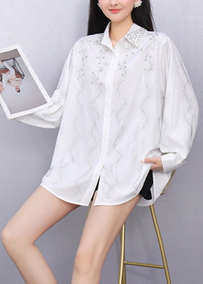White Striped Nail Bead Button Shirts Fall