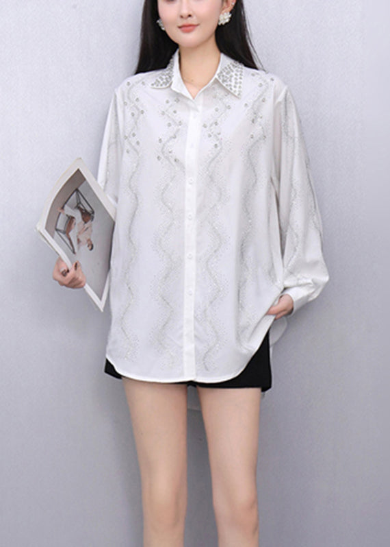 White Striped Nail Bead Button Shirts Fall