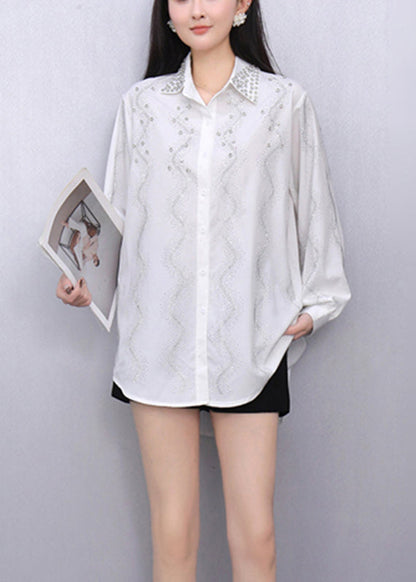 White Striped Nail Bead Button Shirts Fall