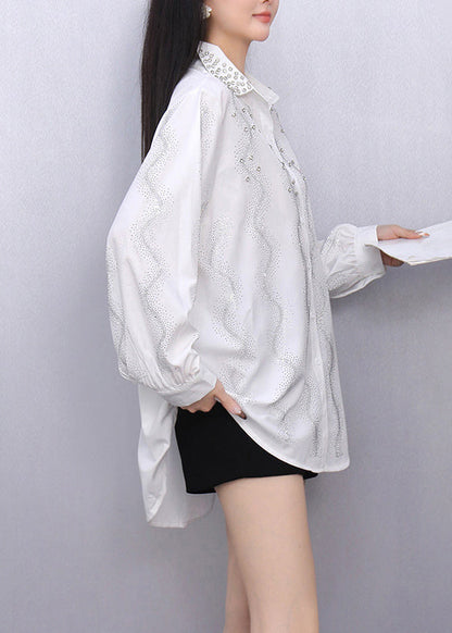 White Striped Nail Bead Button Shirts Fall