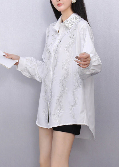 White Striped Nail Bead Button Shirts Fall