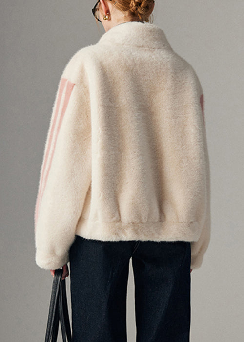 Abrigos de invierno de pelo de visón con bolsillos y rayas blancas y cremallera