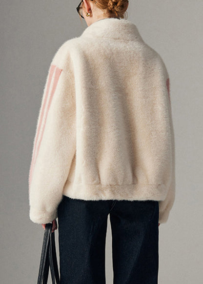 Abrigos de invierno de pelo de visón con bolsillos y rayas blancas y cremallera