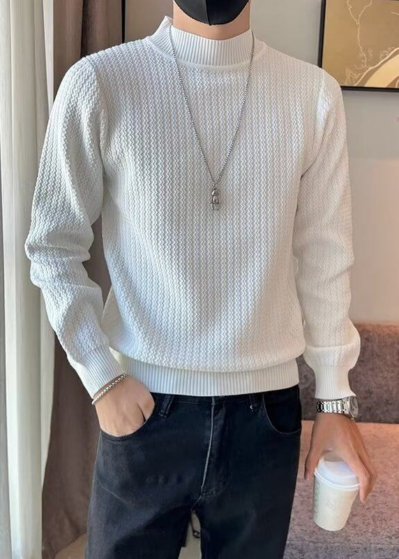 White Striped Solid Knit Sweaters Men Winter Turtleneck