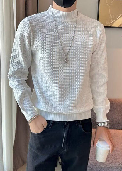 White Striped Solid Knit Sweaters Men Winter Turtleneck
