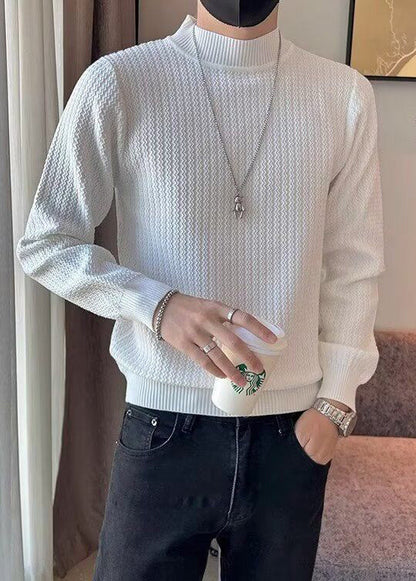 White Striped Solid Knit Sweaters Men Winter Turtleneck