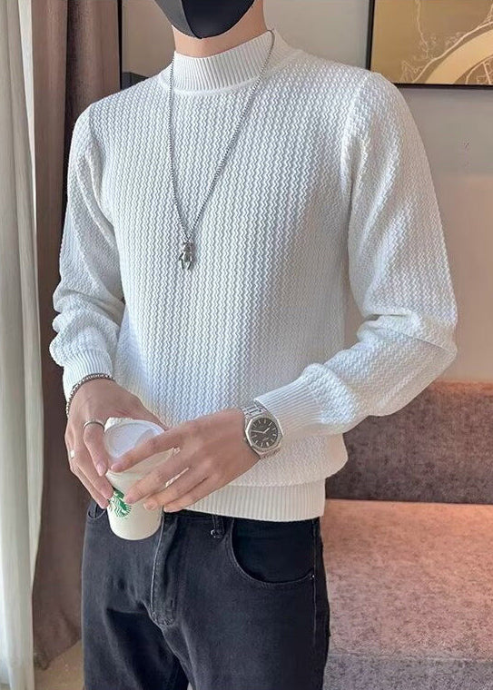 White Striped Solid Knit Sweaters Men Winter Turtleneck