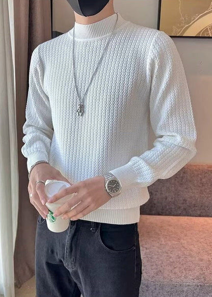 White Striped Solid Knit Sweaters Men Winter Turtleneck