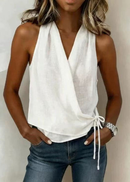 White Tank Tops V Neck Lace Up Sleeveless