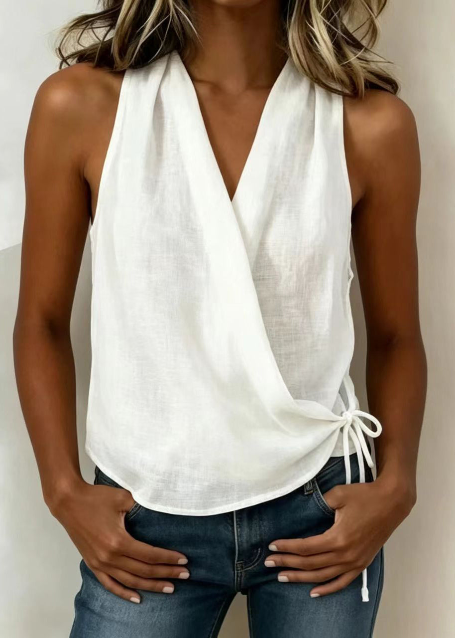 White Tank Tops V Neck Lace Up Sleeveless