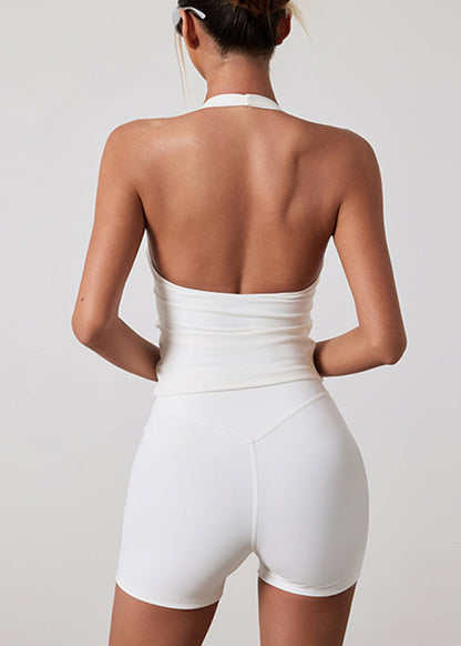 White V Neck High Waist Sports Bra And Leggings Set Suit