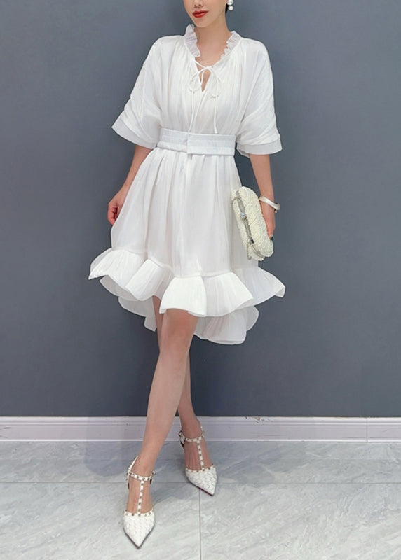 White V Neck Tie Solid Lace Asymmetrical Short Dress