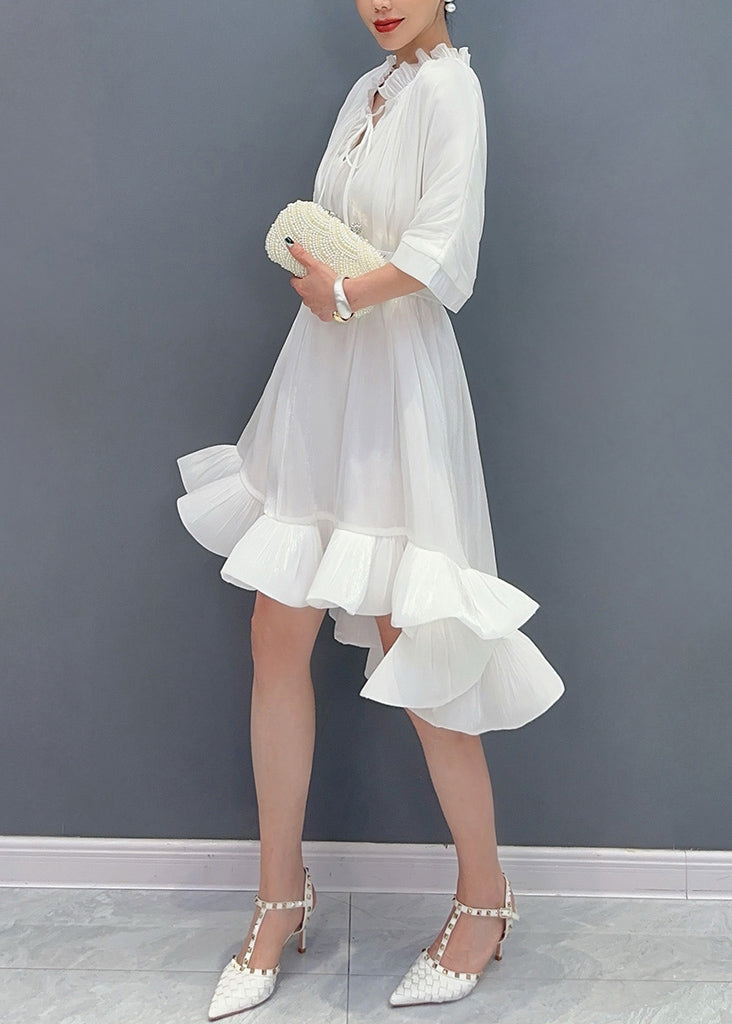 White V Neck Tie Solid Lace Asymmetrical Short Dress