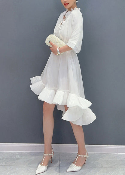 White V Neck Tie Solid Lace Asymmetrical Short Dress