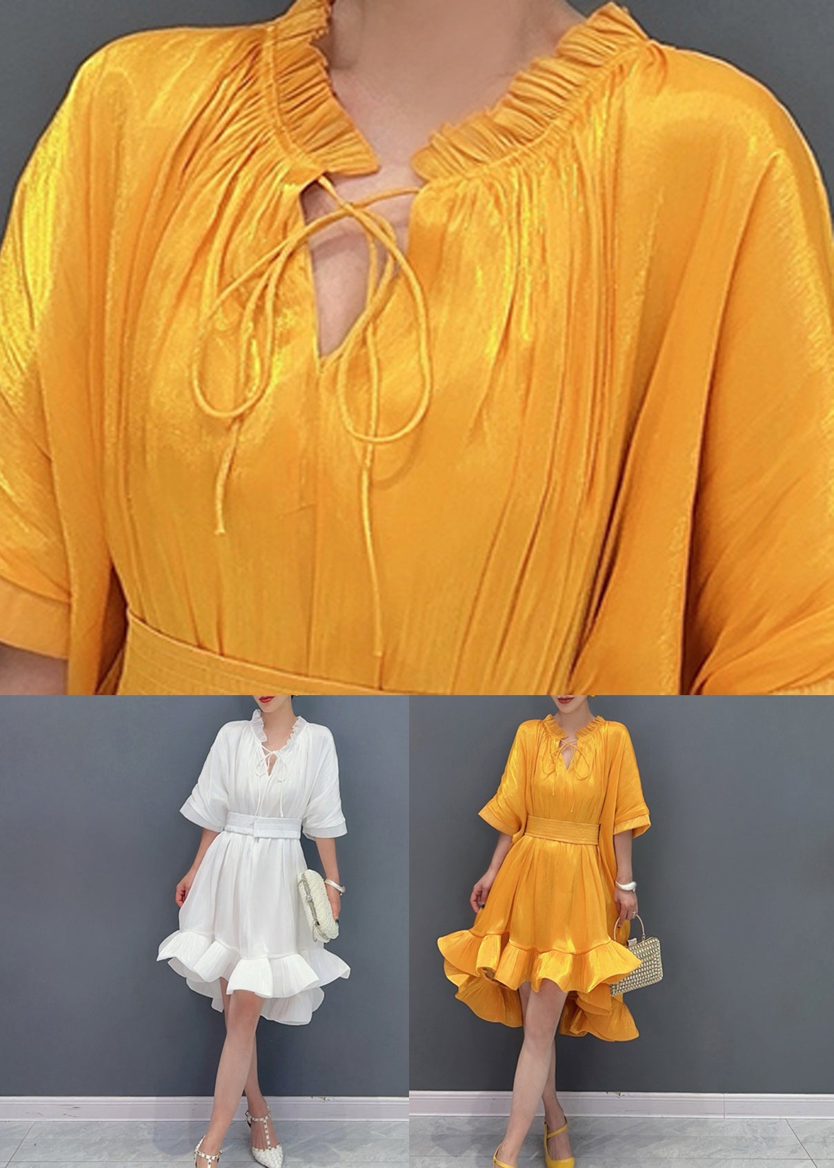 White V Neck Tie Solid Lace Asymmetrical Short Dress