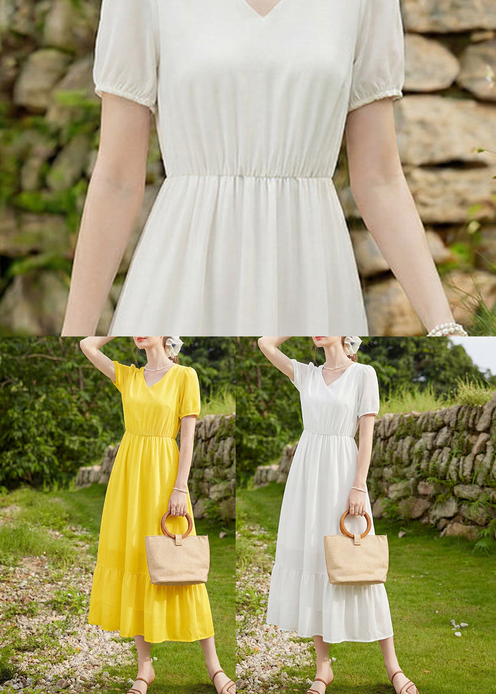 White Wrinkled Patchwork Chiffon Ankle Dress V Neck Summer