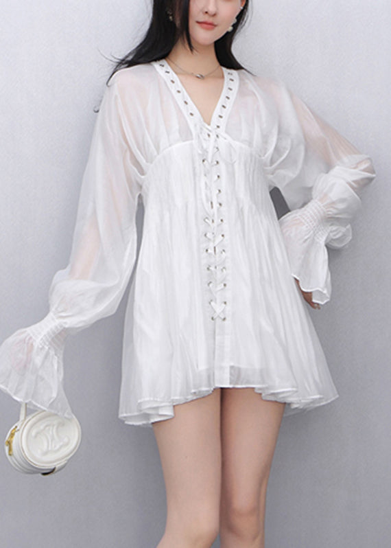 White Wrinkled Tie Waist Solid Chiffon Shirt Fall
