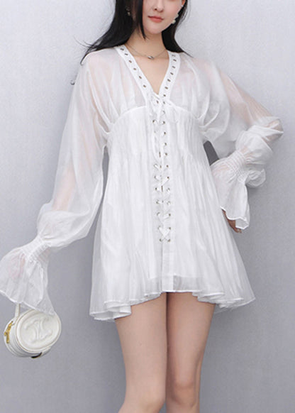 White Wrinkled Tie Waist Solid Chiffon Shirt Fall