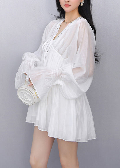 White Wrinkled Tie Waist Solid Chiffon Shirt Fall