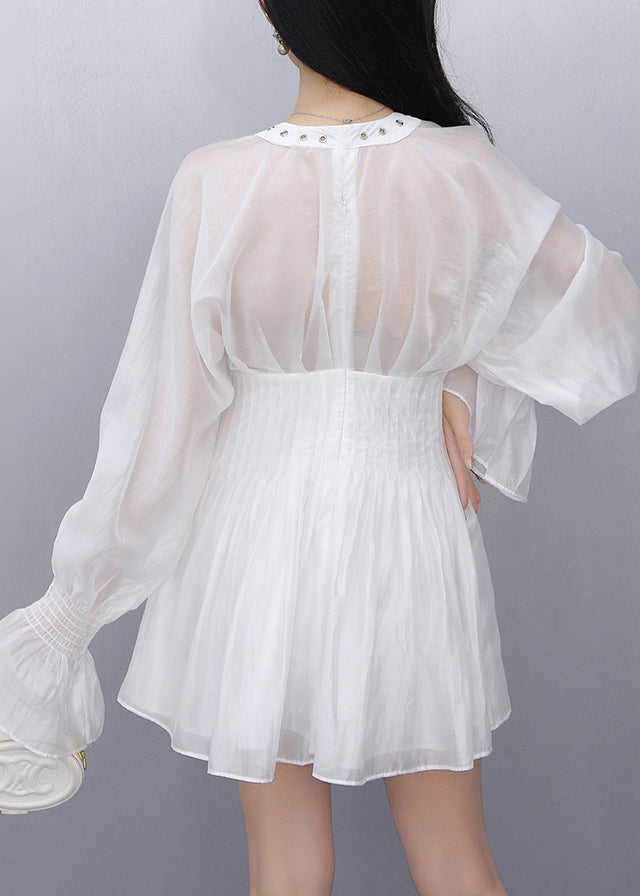 White Wrinkled Tie Waist Solid Chiffon Shirt Fall