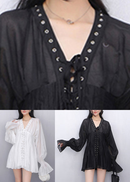 White Wrinkled Tie Waist Solid Chiffon Shirt Fall