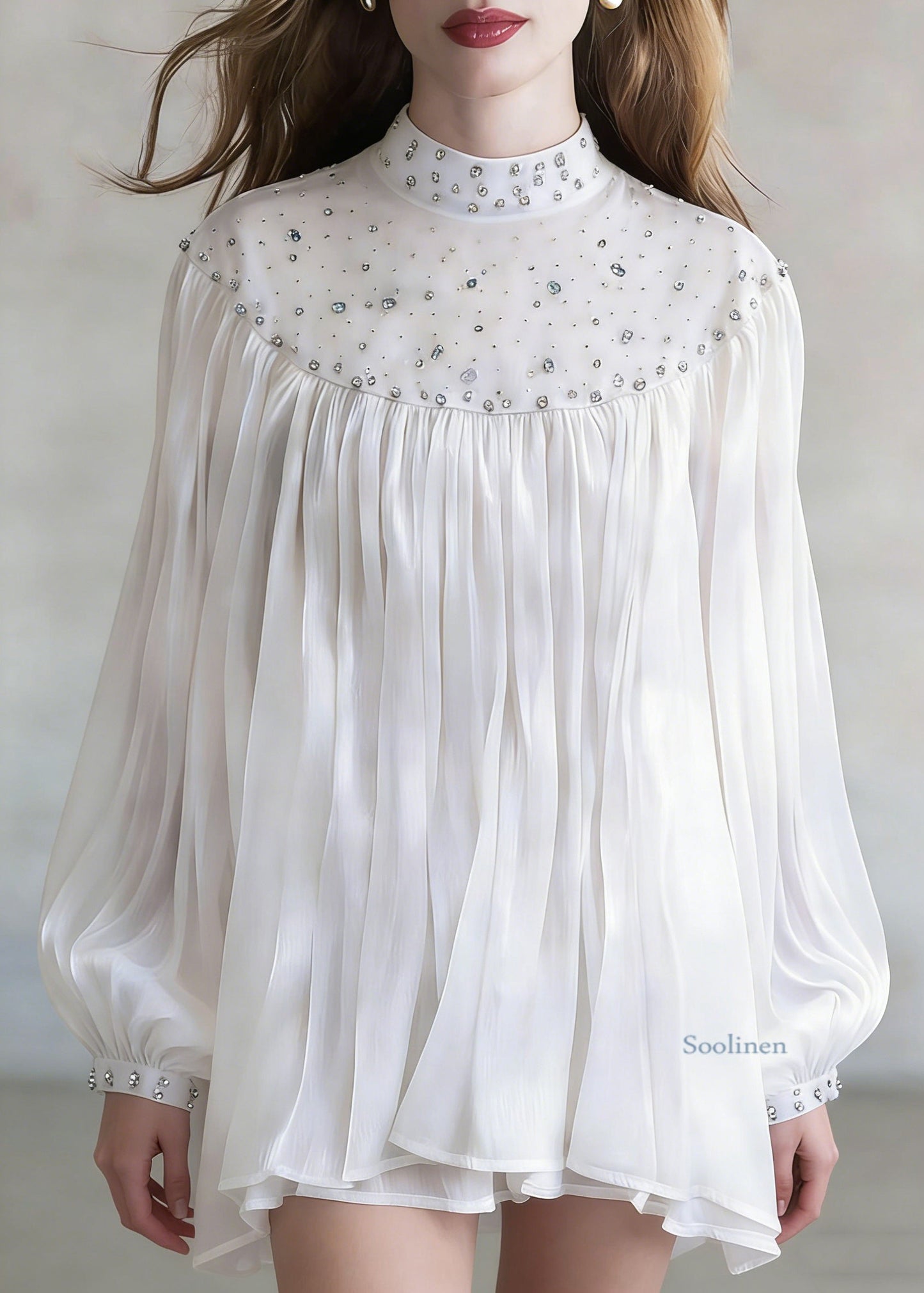 White Zircon Wrinkled Shirt Stand Collar Spring