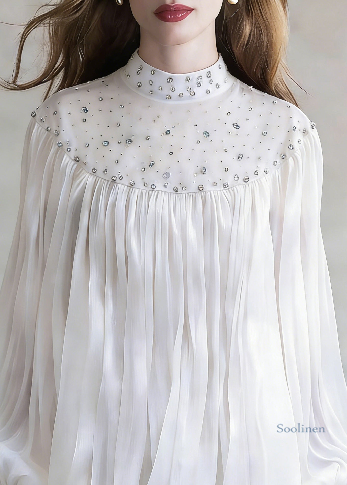 White Zircon Wrinkled Shirt Stand Collar Spring