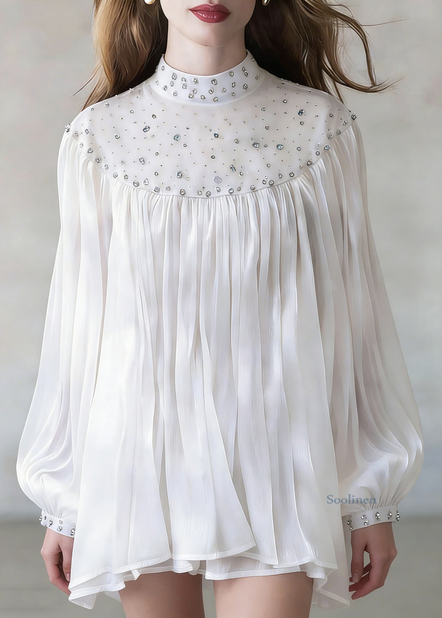 White Zircon Wrinkled Shirt Stand Collar Spring