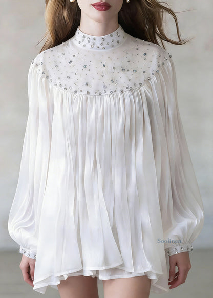 White Zircon Wrinkled Shirt Stand Collar Spring