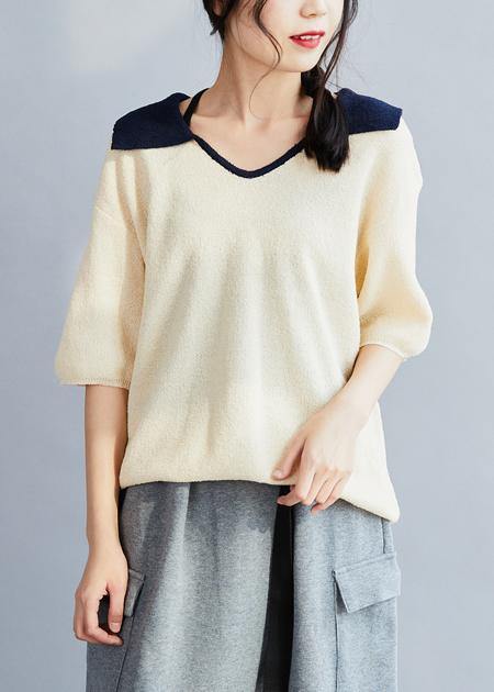 White cotton Crane Tops POLO Collar Oversized Patchwork tops - SooLinen