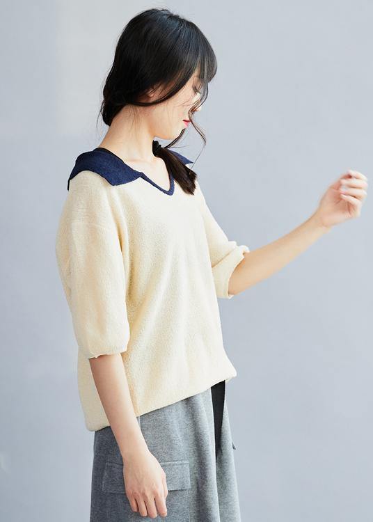 White cotton Crane Tops POLO Collar Oversized Patchwork tops - SooLinen