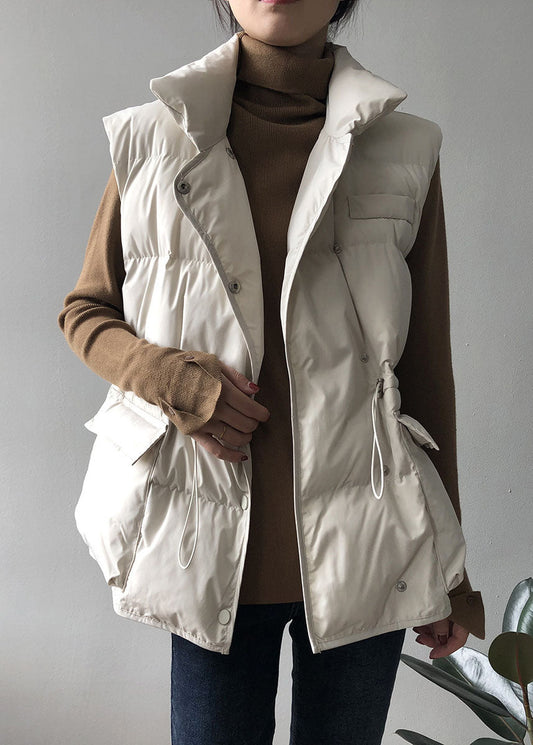 Weiße, modische, ärmellose Winter-Daunenweste mit Knopfleiste und Kordelzug