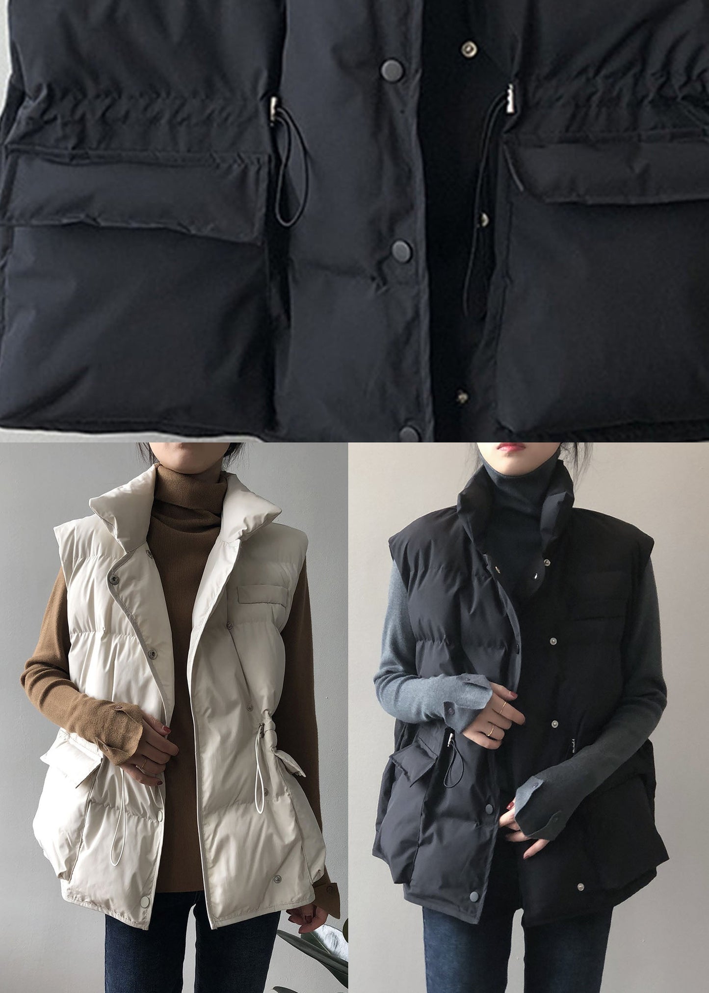 Weiße, modische, ärmellose Winter-Daunenweste mit Knopfleiste und Kordelzug