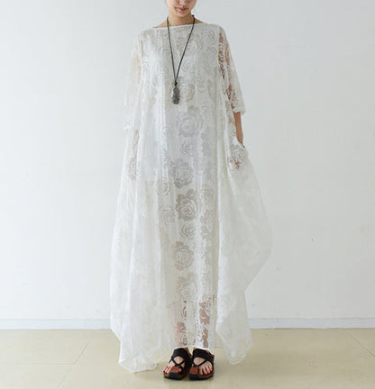 Weiße Rosen Chiffon Maxikleider lange Tüll Kaftane Oversize Kleid