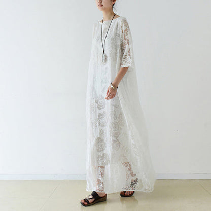 Weiße Rosen Chiffon Maxikleider lange Tüll Kaftane Oversize Kleid