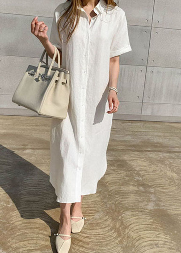 Weiße seitlich offene Button-Shirts Kleider Kurzarm