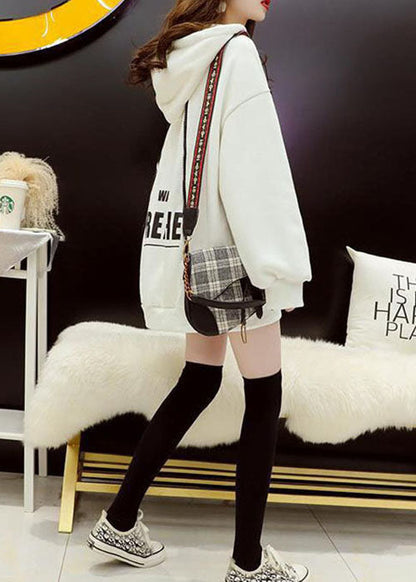 Weißes warmes Fleece-Sweatshirt mit Reißverschluss, Streetwear,