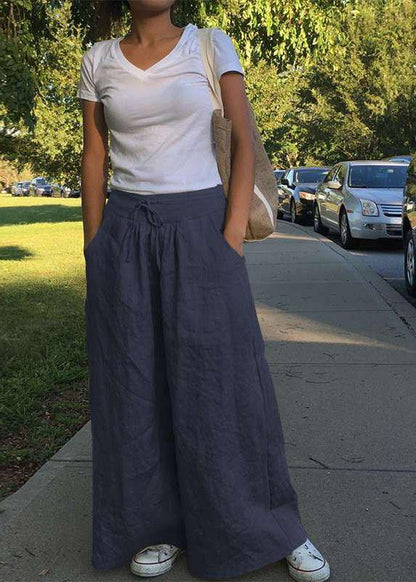 Wide Leg Women Casual Solid Color Loose High Elastic Waist Side Pockets Pants - SooLinen
