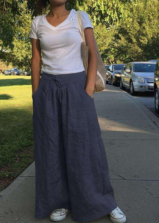 Wide Leg Women Casual Solid Color Loose High Elastic Waist Side Pockets Pants - SooLinen