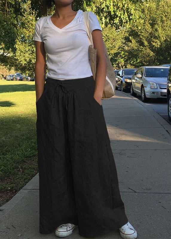 Wide Leg Women Casual Solid Color Loose High Elastic Waist Side Pockets Pants - SooLinen