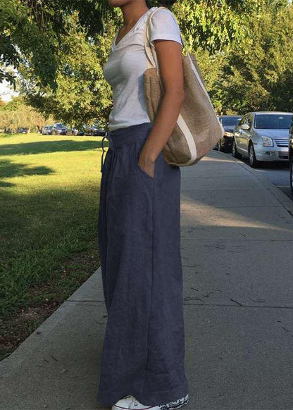 Wide Leg Women Casual Solid Color Loose High Elastic Waist Side Pockets Pants - SooLinen