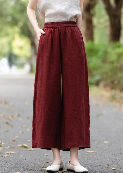 Wine Red Solid Linen Summer Crop Pants Elastic Waist