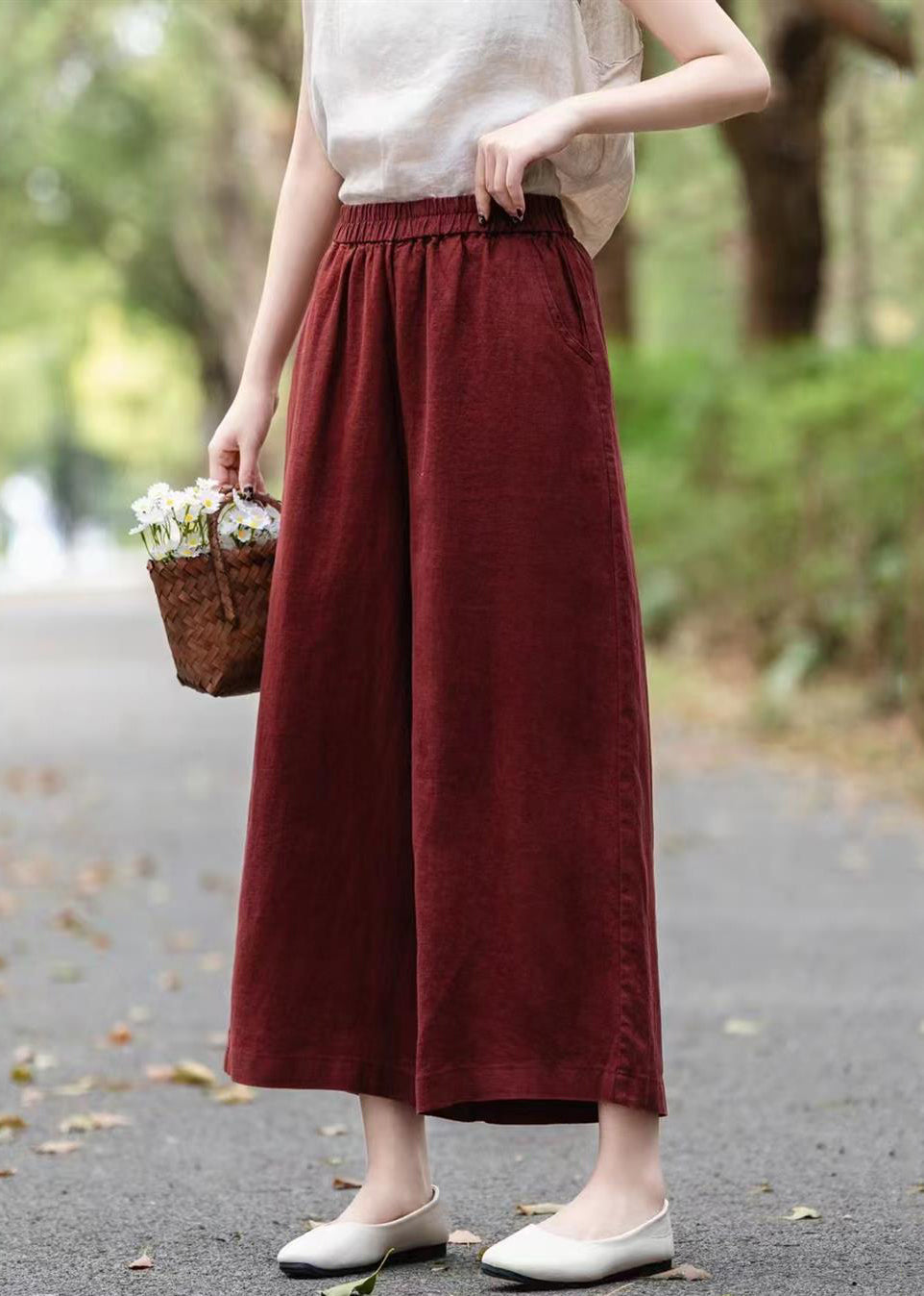 Wine Red Solid Linen Summer Crop Pants Elastic Waist