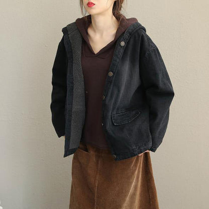 Winter Schwarz Hoodie Kurze Casual Denim Mantel Frauen Lose Jacke