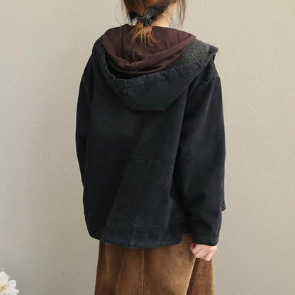 Winter Schwarz Hoodie Kurze Casual Denim Mantel Frauen Lose Jacke