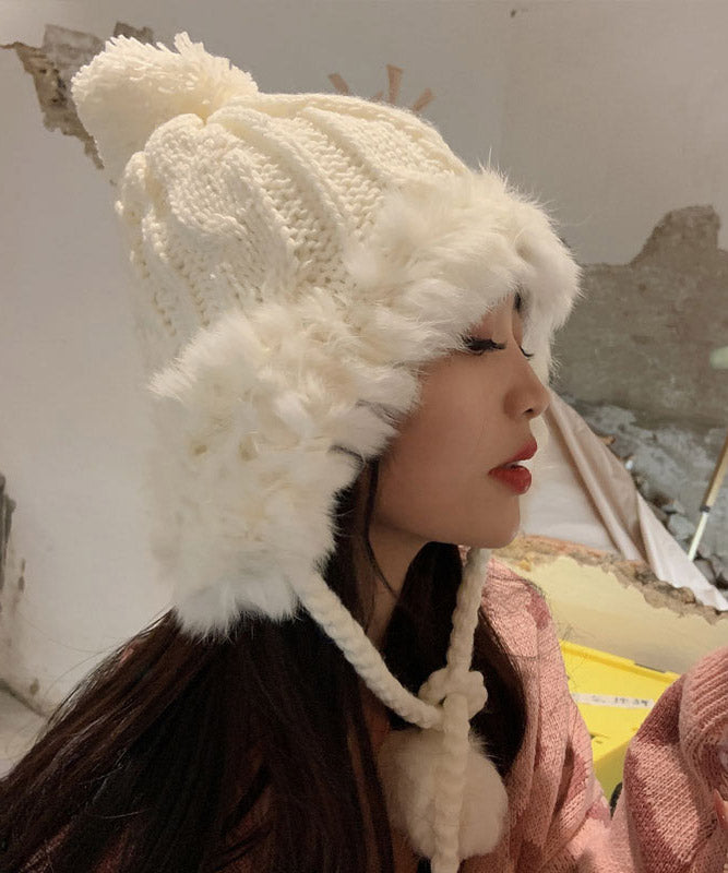 Gorro de punto de piel de conejo con bola afelpada cálida de color gris para invierno