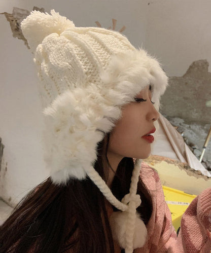 Gorro de punto de piel de conejo con bola afelpada cálida de color gris para invierno