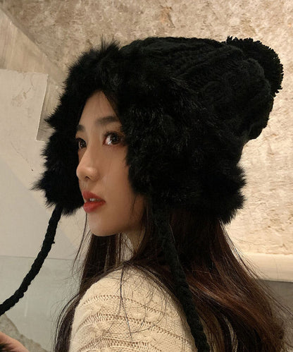 Gorro de punto de piel de conejo con bola afelpada cálida de color gris para invierno