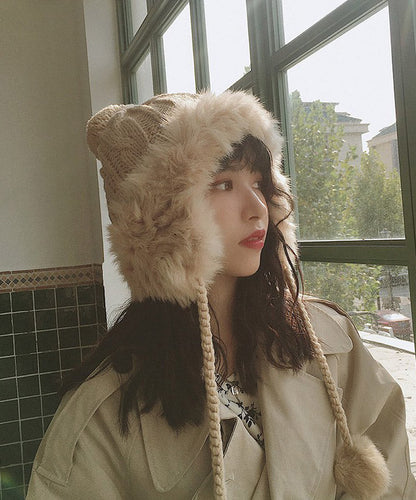 Gorro de punto de piel de conejo con bola afelpada cálida de color gris para invierno