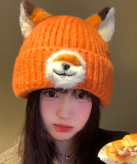 Winter Orange Cute Fox Warm and Versatile Knitted Boonie Hat